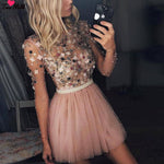 TaoHill 2019 Long Sleeves Cocktail Dresses A-line O-neck Short Mini Handmade Flowers Party Plus Size Pink Homecoming Dresses
