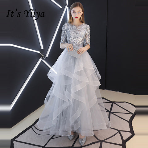 It's YiiYa Evening Dress 2019 Real Sequins Half Sleeve Tiered Hems Evening Gowns Gray Party Dresses LX1398 robe de soiree