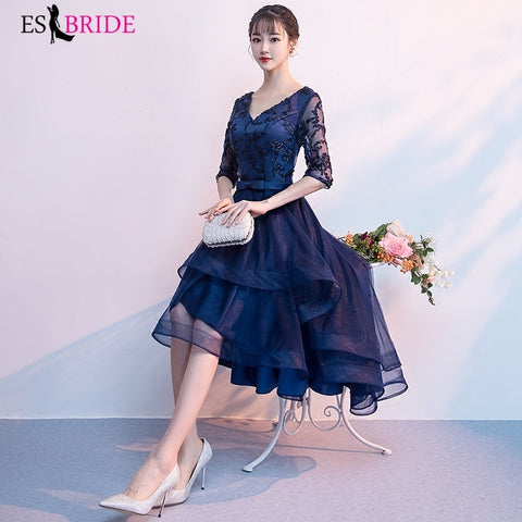 Royal Blue Long Evening Gowns 2019 New Arrival Elegant A-Line Casual Lace Dress Party Formal Half Sleeve Robe De Soiree ES1854