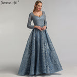 Dubai Grey Luxury V-Neck Sexy Evening Dresses 2019 Handmade Flowers Beading Long Sleeves Evening Gowns LA60899