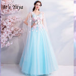 It's YiiYa Blue Evening Dresses Sleeveless V-neck Floral Floor-length Tulle Fresh Party Dress Lace up Illusion Pretty LX799