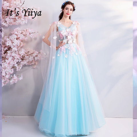 It's YiiYa Blue Evening Dresses Sleeveless V-neck Floral Floor-length Tulle Fresh Party Dress Lace up Illusion Pretty LX799