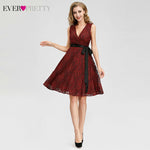 Sexy Red Cocktail Dresses Ever Pretty A-Line V-Neck Sleeveless Bow Sashes Above Knee Lace Short Party Gowns Vestidos De Coctel