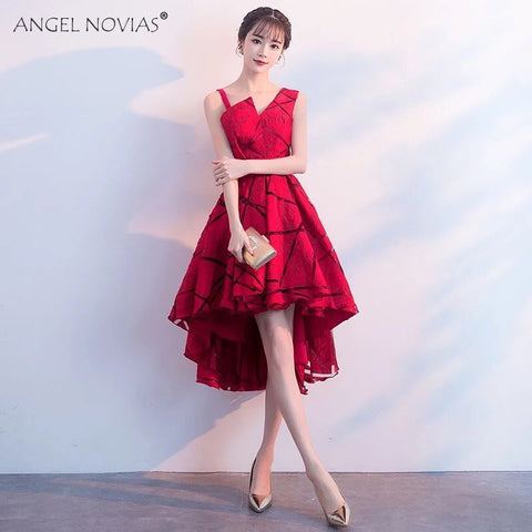 Angel Novias Burgundy High-Low Elegant Lace Prom Dress 2019 Evening Gown Party Dress In Stock