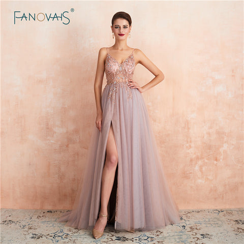 Elegant Evening Dresses 2019 V-Neck Full Beaded Crystal Dress Formal Evening Gown Long Prom Party Gown Vestido de Fiesta NE50