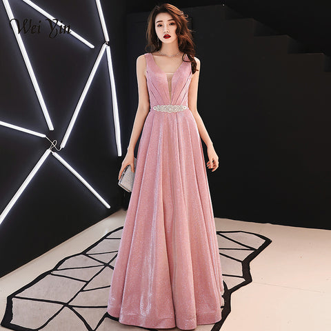 weiyin A Line Vintage  Evening Dresses 2019 Long Pink Sleeveless Floor Length Party Prom Dress Vestido De Noiva WY1323