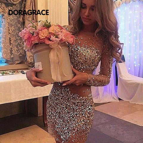Gorgeous Long Sleeve Cocktail Dresses Crystal Beaded  Sexy See Through Tulle Short Party Dress DGC006