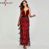 YIDINGZS 2019 New Sequins Tassel Sexy Long Evening Dress Elegant V-neck Evening Party Dress YD198