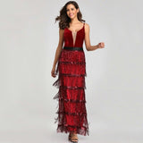 YIDINGZS 2019 New Sequins Tassel Sexy Long Evening Dress Elegant V-neck Evening Party Dress YD198