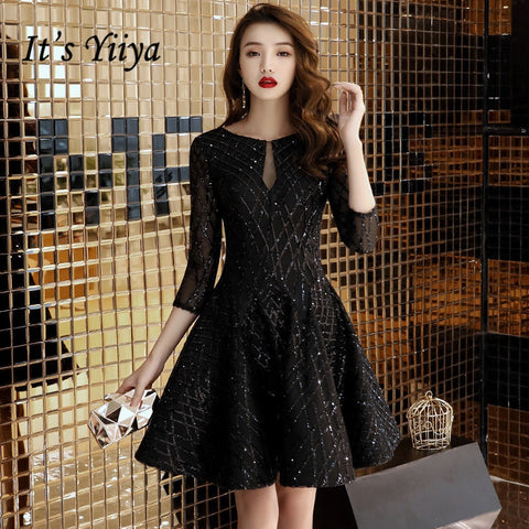It's YiiYa Cocktail Dress O-neck Shining Fabric Illusion Back Short Party Dress Half Sleeve Little Black Formal Ball Gown  E009