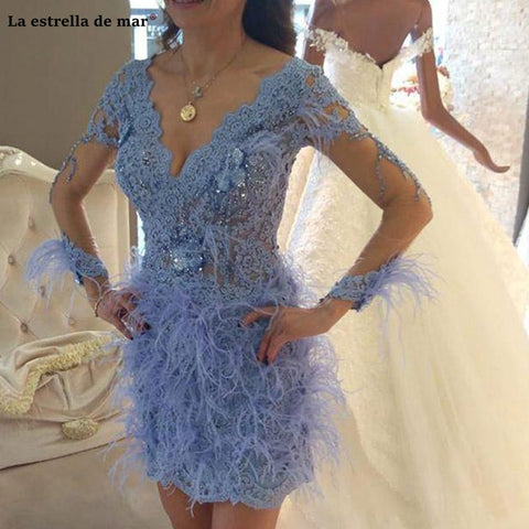 Sukienka koktajlowa 2019 Feather Cocktail Dresses Long Sleeve Beaded Lace Prom Gowns Illusion V Neck Formal Evening Party Dress