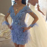 Sukienka koktajlowa 2019 Feather Cocktail Dresses Long Sleeve Beaded Lace Prom Gowns Illusion V Neck Formal Evening Party Dress