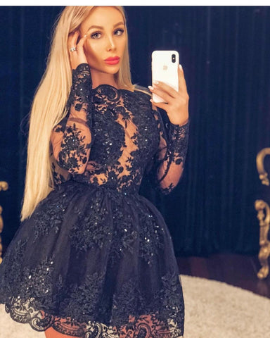 Cocktail Dresses Plus Size Black Long Sleeve Short Evening Prom Dress 2019