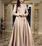 Arabic Long Sleeves Muslim Evening Dress with Long Train Champagne Satin Kaftan Dubai Formal Prom Dresses 2019 Elegant