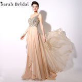 Vestido De Festa Illusion Back Champagne Evening Dresses Real Photo Hot Sale One Shoulder Crystal Sequin Prom Gown YD004