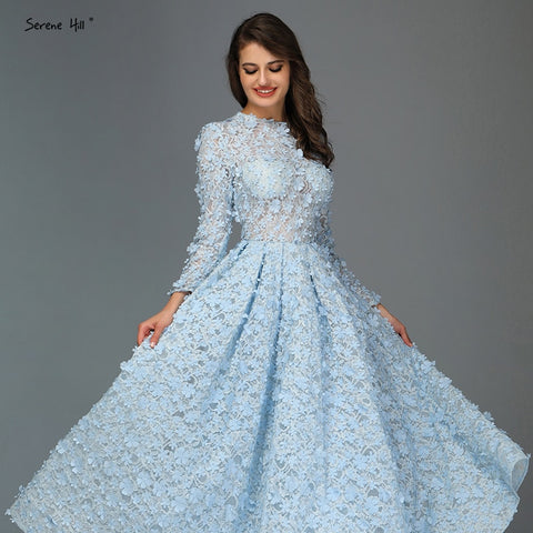 Latest Design Blue Crystal Flowers Evening Dresses 2019 Muslim Long Sleeves Ankle length  Evening Gowns Serene Hill LA60905