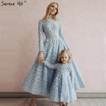 Latest Design Blue Crystal Flowers Evening Dresses 2019 Muslim Long Sleeves Ankle length  Evening Gowns Serene Hill LA60905