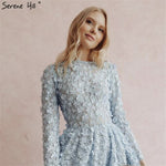 Latest Design Blue Crystal Flowers Evening Dresses 2019 Muslim Long Sleeves Ankle length  Evening Gowns Serene Hill LA60905