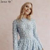 Latest Design Blue Crystal Flowers Evening Dresses 2019 Muslim Long Sleeves Ankle length  Evening Gowns Serene Hill LA60905
