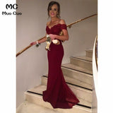 Burgundy 2018 Off Shoulder Mermaid Bridesmaid Dress Wedding Party Dress Elastic Satin Zipper Button Back Bridesmaid Dresses