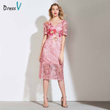 Dressv cocktail dress elegant v neck tea length short sleeves embroidery lace flower wedding party formal dress cocktail dresses