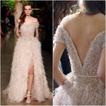 Fashion Ivory Feathers Front Split Evening Gowns Sexy Boat Backless Neck Beading Crystal Floor Length Wedding Party Dress