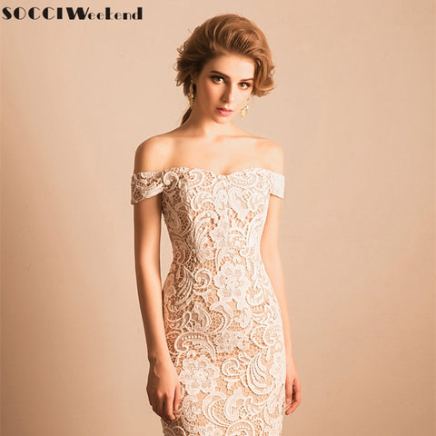 Cocktail Dress 2019 SOCCI Weekend Elegant Lace Little White Party Dresses Women Sexy Off the Shoulder with Beige Lining Robe de