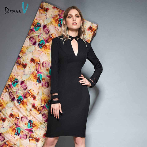 Dressv black v neck long sleeves cocktail dress sheath zipper up knee length wedding party evening formal dress cocktail dresses