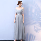 Beauty-Emily Long Purple Red Gray Evening Dresses 2019 A-Line Off the Shoulder Half Sleeve Vestido da dama de honra