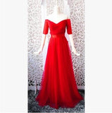 Beauty-Emily Long Purple Red Gray Evening Dresses 2019 A-Line Off the Shoulder Half Sleeve Vestido da dama de honra