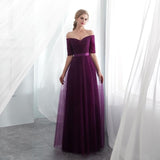 Beauty-Emily Long Purple Red Gray Evening Dresses 2019 A-Line Off the Shoulder Half Sleeve Vestido da dama de honra