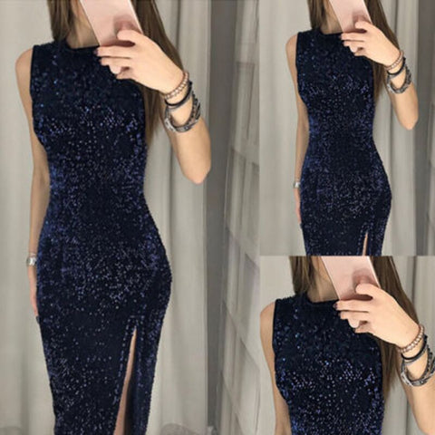 Knee Length Sleeveless Straight Cocktail Dresses Blue Burgundy Black Sequined Party Gown Sexy Side Slit Women Dress 2019