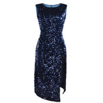 Knee Length Sleeveless Straight Cocktail Dresses Blue Burgundy Black Sequined Party Gown Sexy Side Slit Women Dress 2019