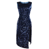 Knee Length Sleeveless Straight Cocktail Dresses Blue Burgundy Black Sequined Party Gown Sexy Side Slit Women Dress 2019
