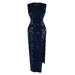 Knee Length Sleeveless Straight Cocktail Dresses Blue Burgundy Black Sequined Party Gown Sexy Side Slit Women Dress 2019