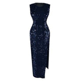 Knee Length Sleeveless Straight Cocktail Dresses Blue Burgundy Black Sequined Party Gown Sexy Side Slit Women Dress 2019