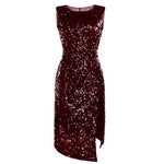 Knee Length Sleeveless Straight Cocktail Dresses Blue Burgundy Black Sequined Party Gown Sexy Side Slit Women Dress 2019