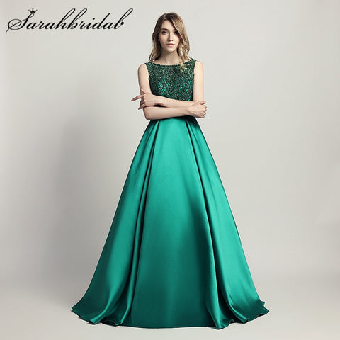 Stunning Beaded Woman Evening Party Ceremony Dresses Dubai 2019 Long Dress O Neck  Satin In Stock Floor Length Prom Gown CC443