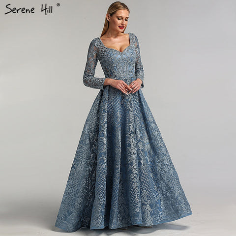 Dubai Grey Luxury V-Neck Sexy Evening Dresses 2019 Handmade Flowers Beading Long Sleeves Evening Gowns LA60899