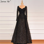 Dubai Grey Luxury V-Neck Sexy Evening Dresses 2019 Handmade Flowers Beading Long Sleeves Evening Gowns LA60899