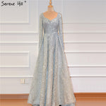 Dubai Grey Luxury V-Neck Sexy Evening Dresses 2019 Handmade Flowers Beading Long Sleeves Evening Gowns LA60899