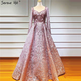 Dubai Grey Luxury V-Neck Sexy Evening Dresses 2019 Handmade Flowers Beading Long Sleeves Evening Gowns LA60899